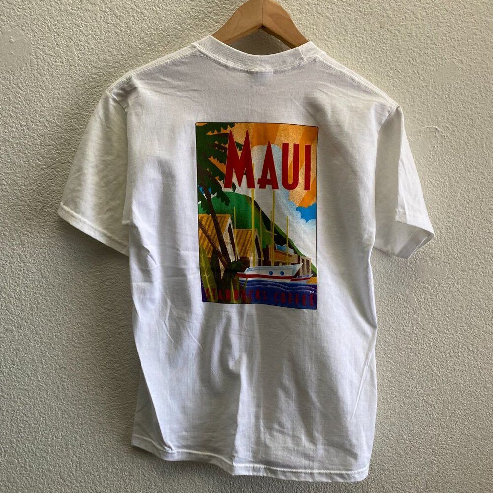Vintage Starbucks Maui Jerzees White T-Shirt Small VTG Coffee Hawaii